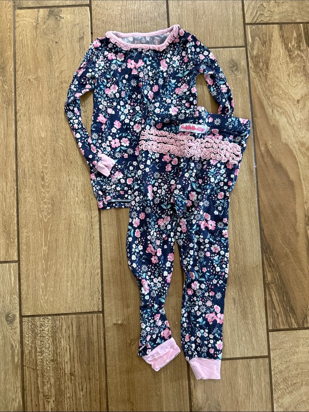 Ruffle Butts Navy Floral Pajama Set with Pink Trim